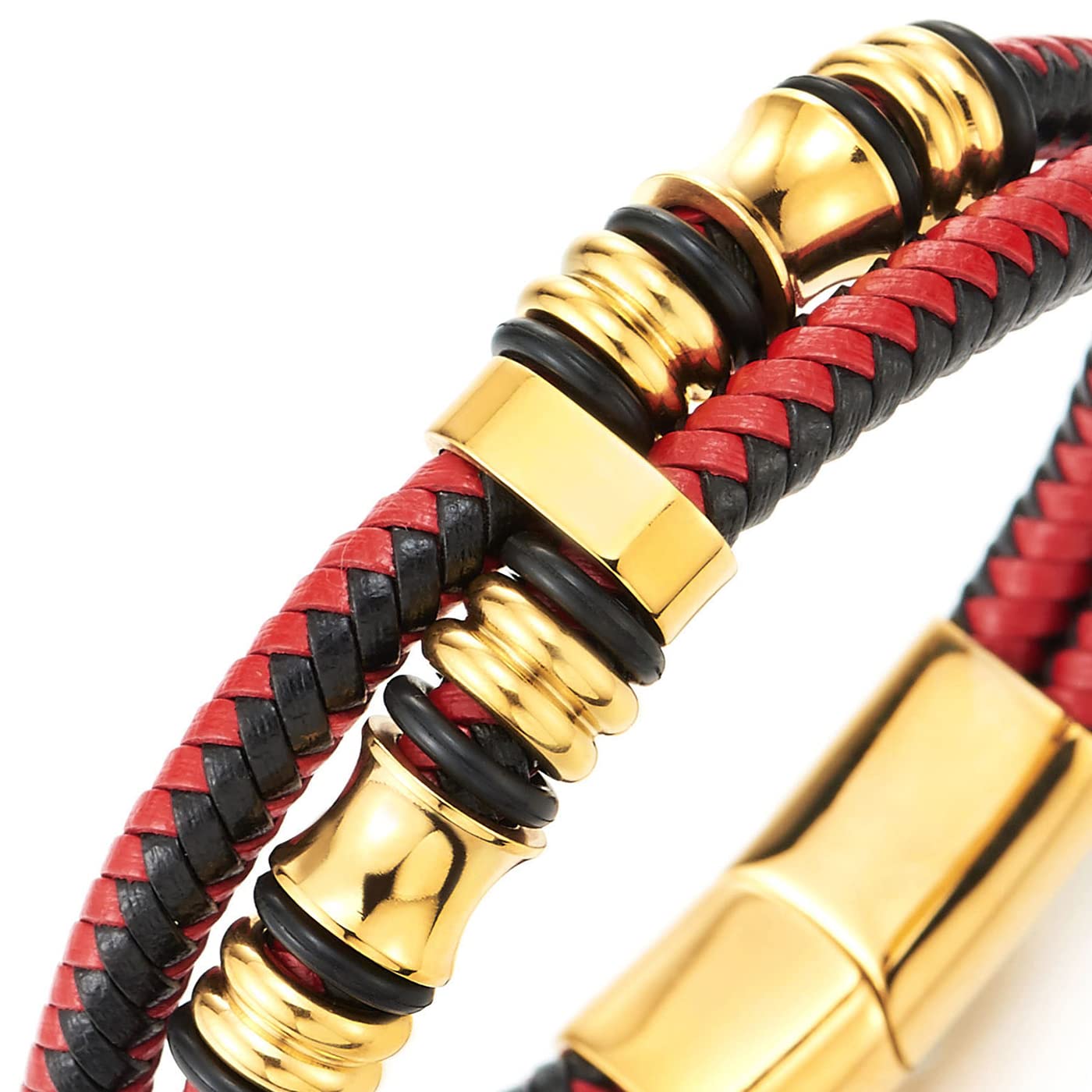 COOLSTEELANDBEYOND Mens Double-Row Braided Leather Bracelet Bangle Wristband with Stainless Steel Ornaments