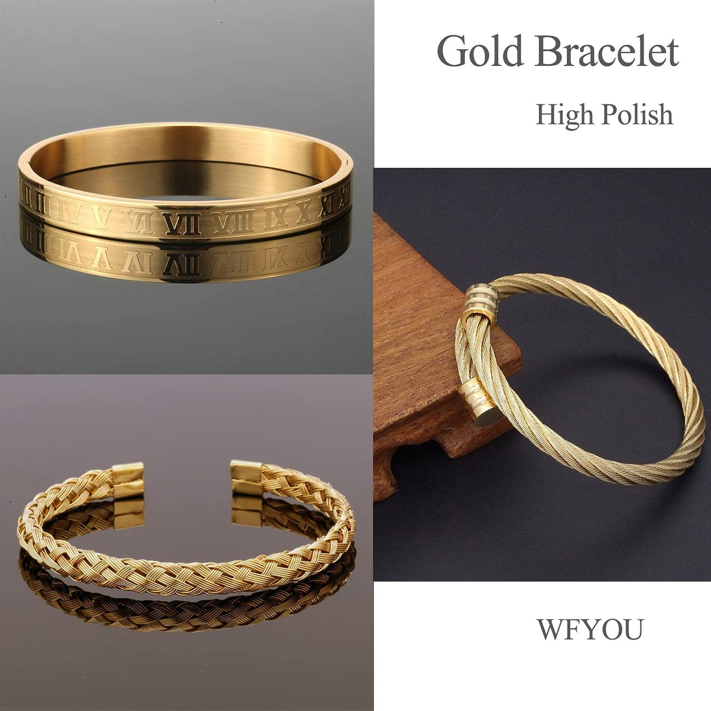 WFYOU 3PCS Stainless Steel Bracelets for Men Gold Roman Numeral Bangle Bracelet Twisted Cable Bracelet Adjustable Cuff Bracelet Mens Luxury Jewelry Bracelets Gifts