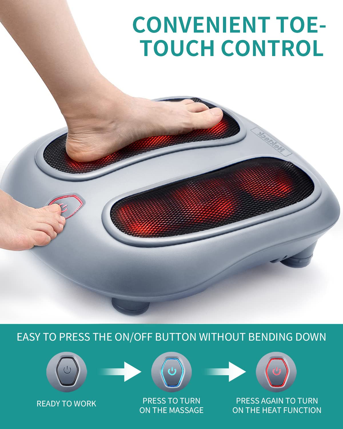 Nekteck Foot Massager with Heat, Shiatsu Heated Electric Kneading Foot Massager Machine for Plantar Fasciitis, Built-in Infrared Heat Function and Power Cord (Black)