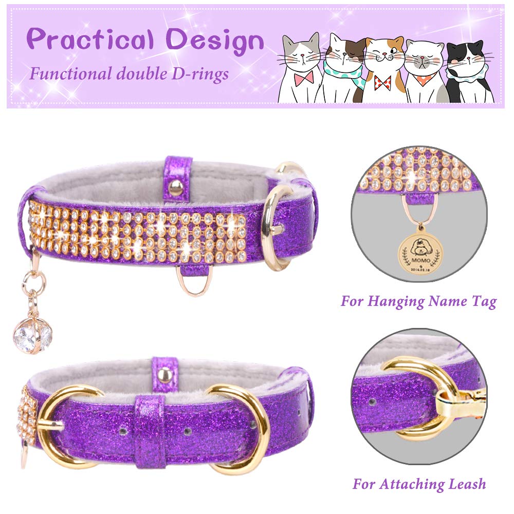 PetsHome Cat Collar, Dog Collar, [Bling Rhinestones] Premium PU Leather with Pendant Adjustable Collars for Cat and Small Dog Extra Small Silvery