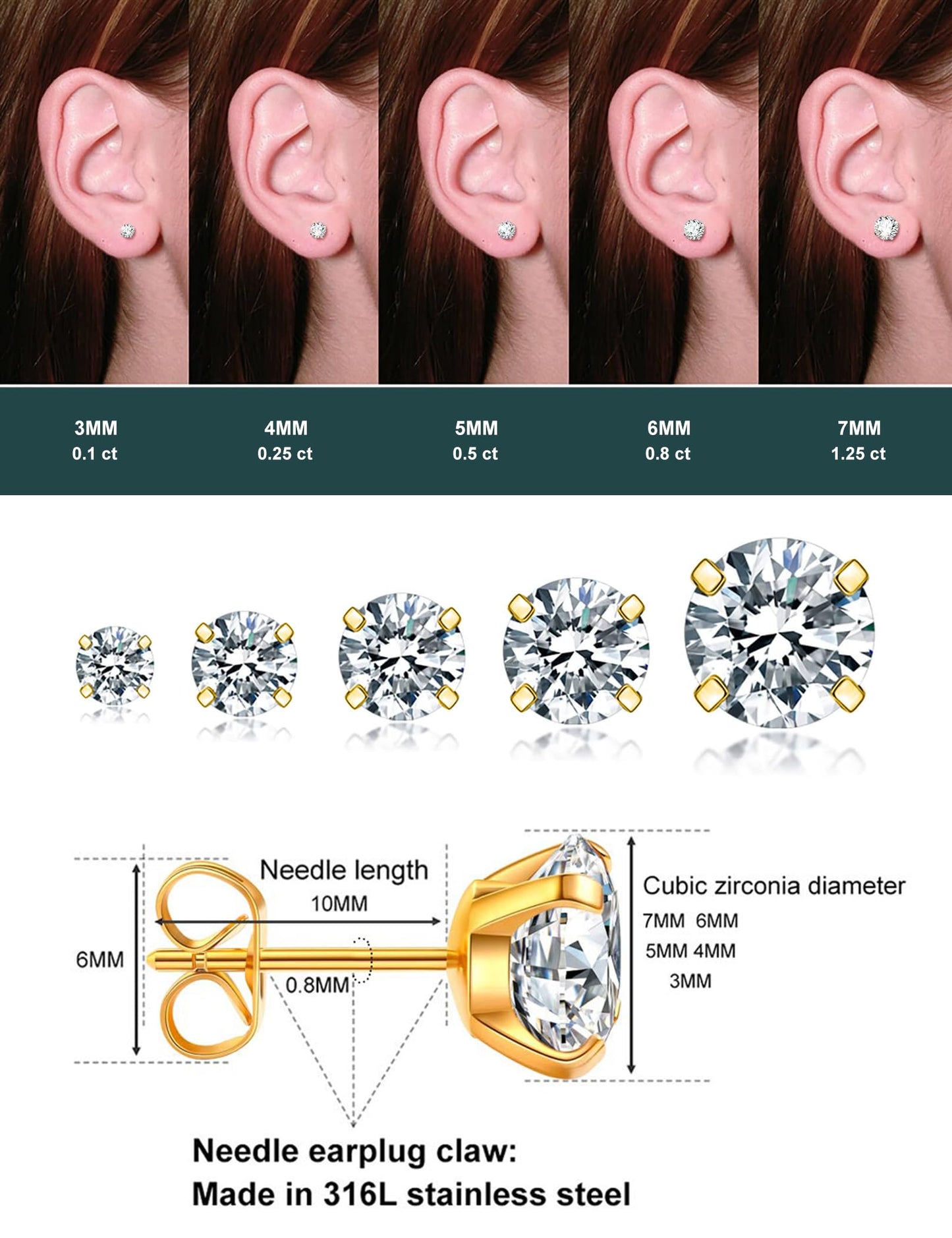 5 Pairs Stud Earrings Set, Hypoallergenic Cubic Zirconia 316L Earrings Stainless Steel CZ Earrings 3-8mm (Steel color)