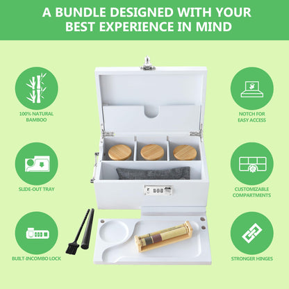 Bamboo Box with Combination Lock, Decorative Box with Handle, Large Storage Stash Box Set, Removable Dividers, 3 Glass Jars, Bamboo Herb Roller, Tray Insert & Smell Proof Accessory Tools Kit (Black)