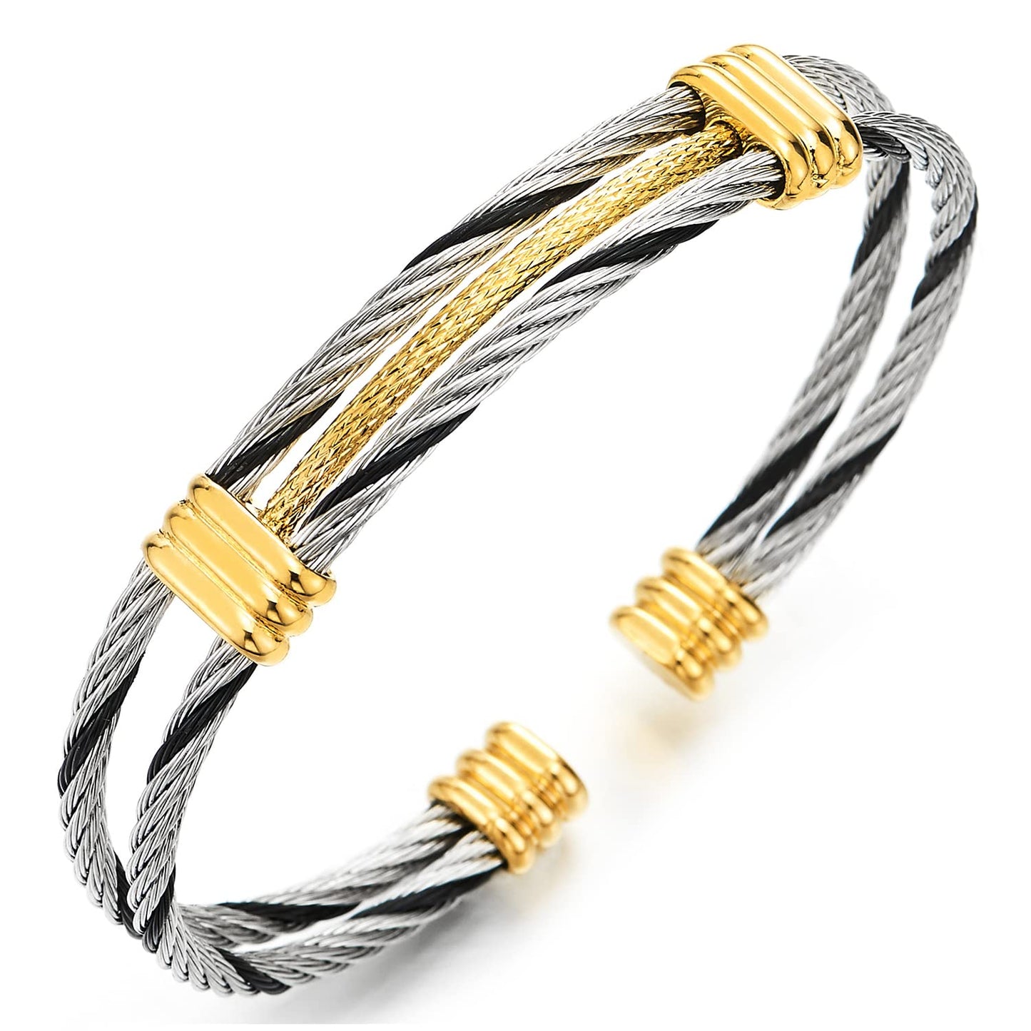 COOLSTEELANDBEYOND Men Women Stainless Steel Twisted Cable Adjustable Cuff Bangle Bracelet