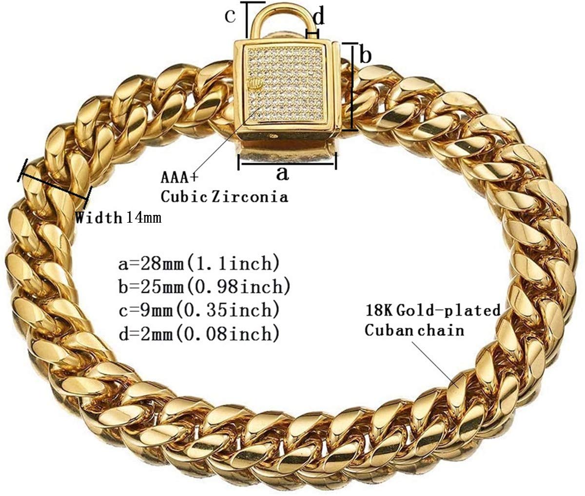 Gold Dog Chain Collar 10mm Wide Cuban Link Puppy Collar 316L Stainless Steel with CZ Diamond Lock Bling Collar for Large Medium Small Dogs(10mm Gold,10inches)