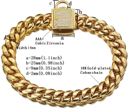Gold Dog Chain Collar 10mm Wide Cuban Link Puppy Collar 316L Stainless Steel with CZ Diamond Lock Bling Collar for Large Medium Small Dogs(10mm Gold,10inches)