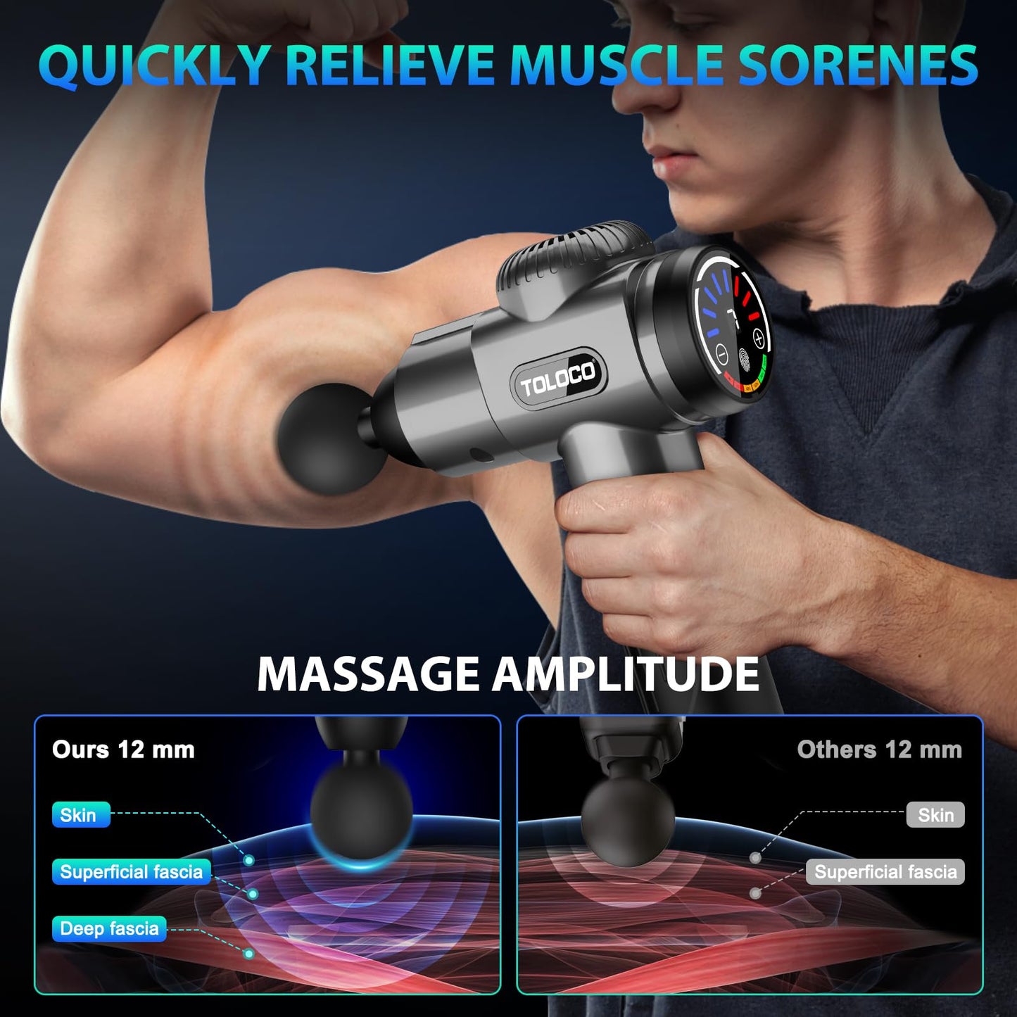 TOLOCO Massage Gun, Deep Tissue Back Massage for Athletes for Pain Relief, Percussion Massager with 10 Massages Heads & Silent Brushless Motor, Black