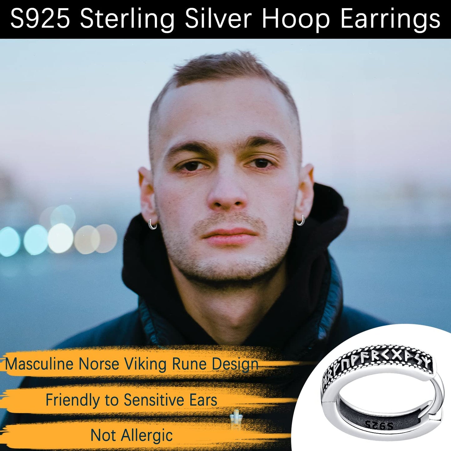 Odinstone Viking Earrings for Men Women, Norse Viking Hoop Earrings Rune Hollow-Carved Design 925 Sterling Silver Huggie Hoops Earrings Jewelry Gift