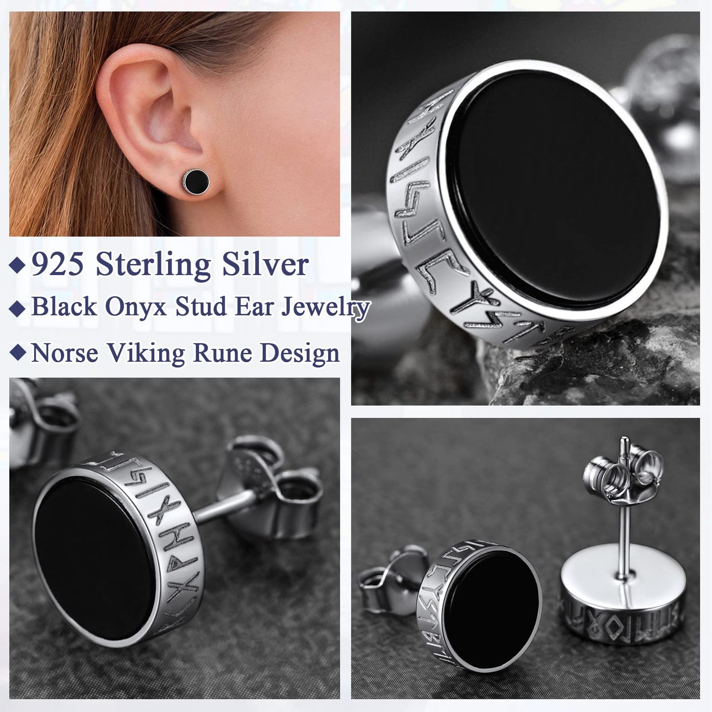 FaithHeart Sterling Silver Viking Runes Earrings for Men Women Black Onyx Stud Earrings Norse Mythology Amulet Jewelry with Gift Box