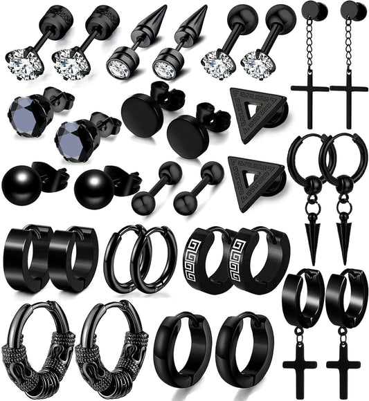 16 Pairs Men Earrings Set - Black Stainless Steel Cross Dangle Hoop & Ear Stud Fashion Piercing Jewelry for Birthdays, Parties & More