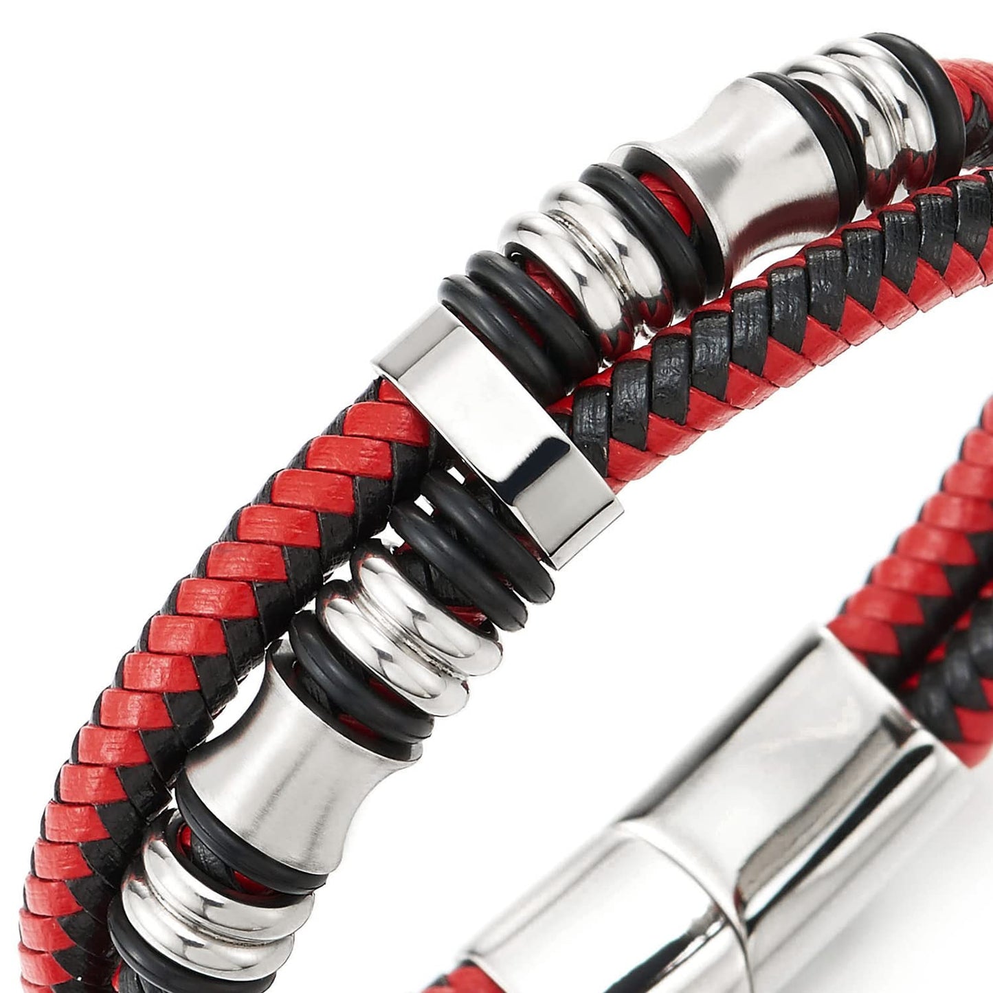 COOLSTEELANDBEYOND Mens Double-Row Braided Leather Bracelet Bangle Wristband with Stainless Steel Ornaments