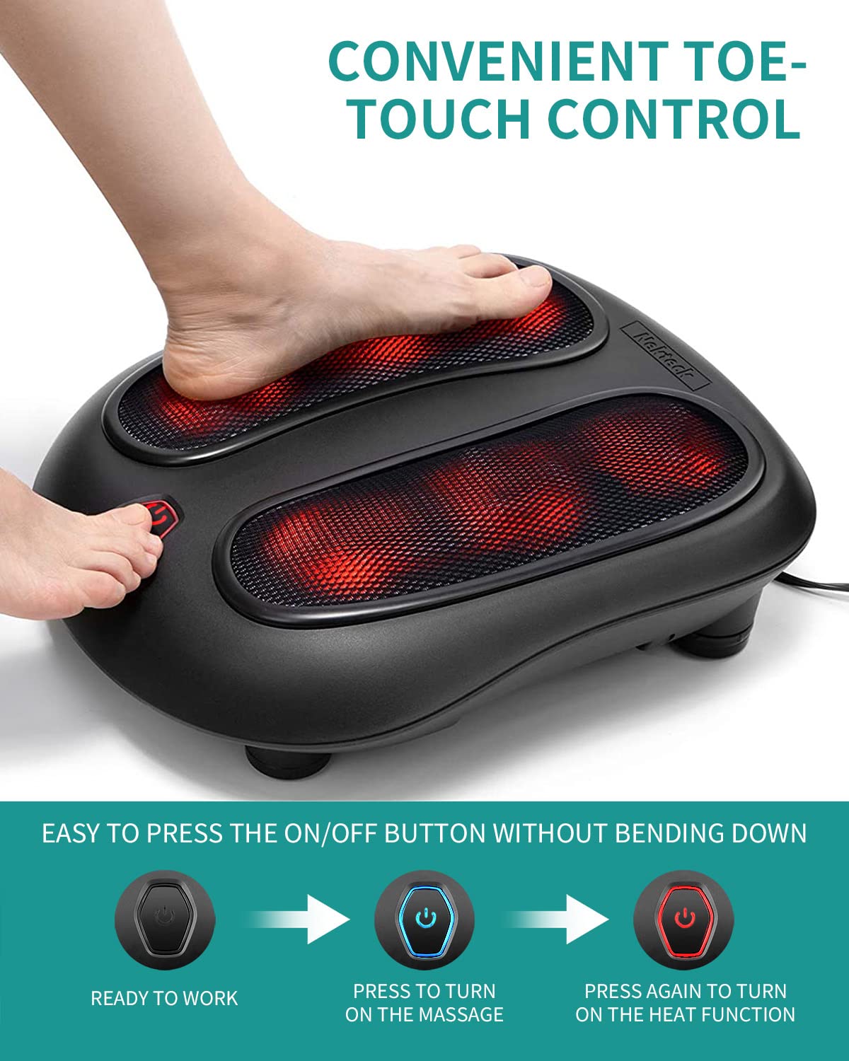 Nekteck Foot Massager with Heat, Shiatsu Heated Electric Kneading Foot Massager Machine for Plantar Fasciitis, Built-in Infrared Heat Function and Power Cord (Black)