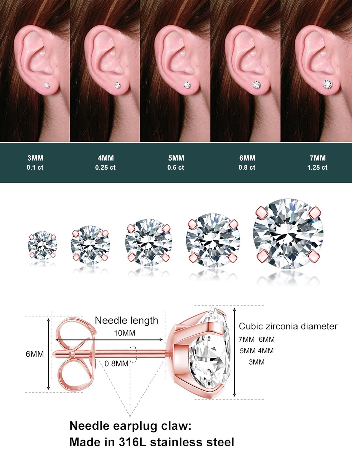 5 Pairs Stud Earrings Set, Hypoallergenic Cubic Zirconia 316L Earrings Stainless Steel CZ Earrings 3-8mm (Steel color)