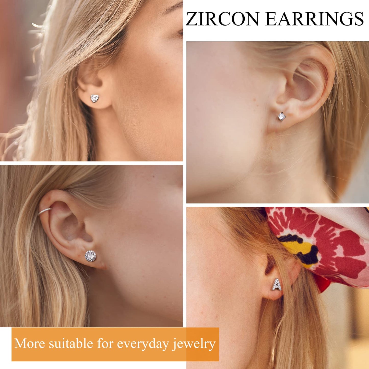 5 Pairs Stud Earrings Set, Hypoallergenic Cubic Zirconia 316L Earrings Stainless Steel CZ Earrings 3-8mm (Steel color)