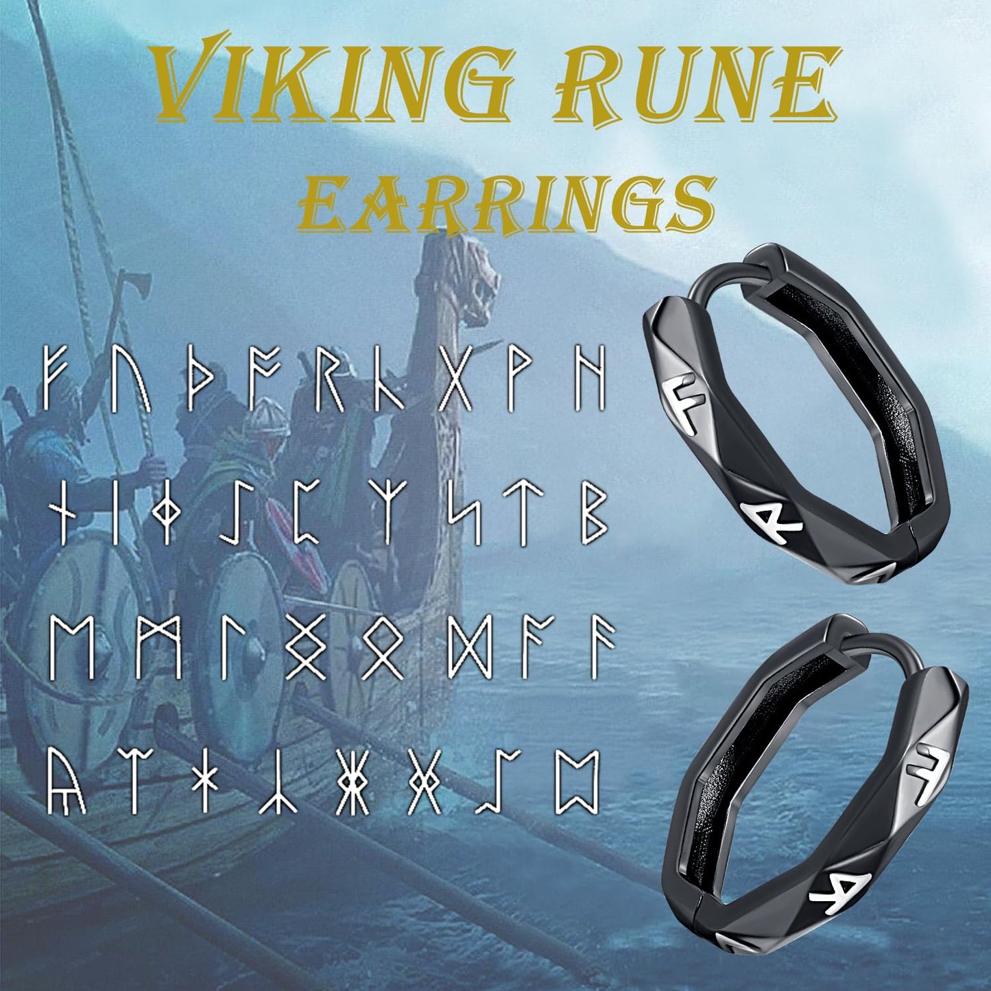 Odinstone Viking Earrings for Men Women, Norse Viking Hoop Earrings Rune Hollow-Carved Design 925 Sterling Silver Huggie Hoops Earrings Jewelry Gift