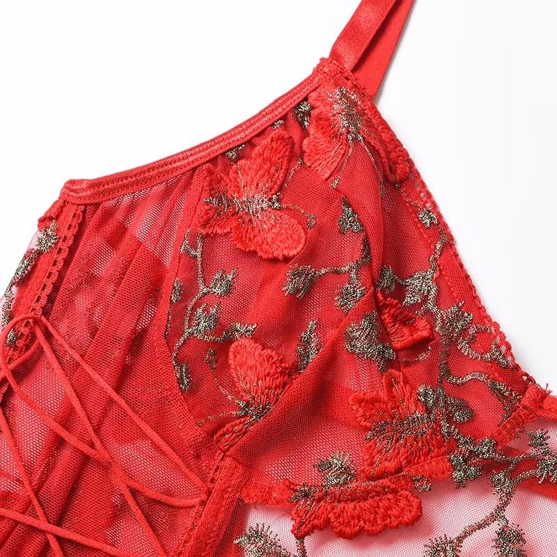 Lilosy Women Sexy Lace Up Floral Embroidered Teddy Lingerie Bodysuit Top Mesh Sheer One Piece