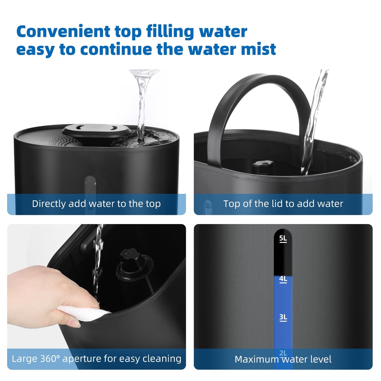 6L Humidifiers for Bedroom Large Room Home, Cool and Warm for Baby and Plants Mist Top Fill Desk Humidifiers Essential Oil Diffuser, Quiet with Adjustable Mist,360°Nozzle-Black
