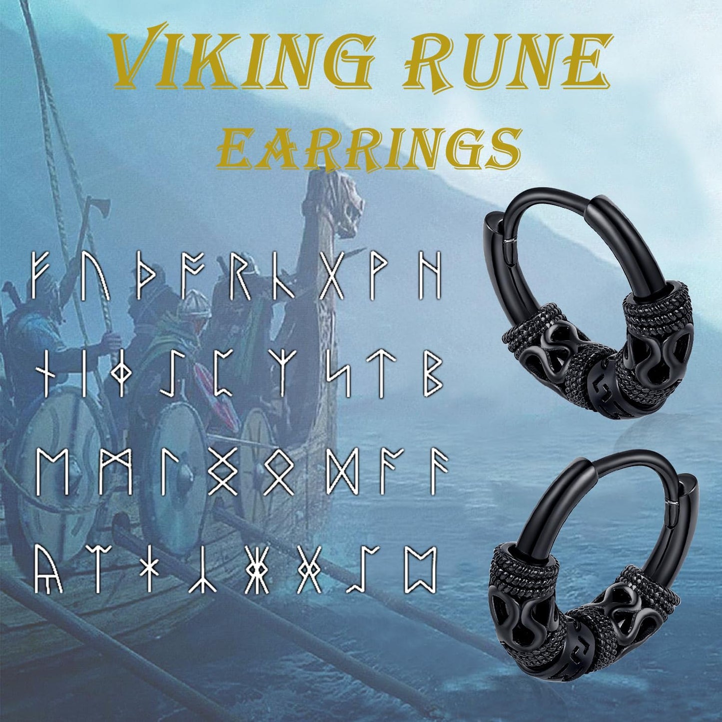 Odinstone Viking Earrings for Men Women, Norse Viking Hoop Earrings Rune Hollow-Carved Design 925 Sterling Silver Huggie Hoops Earrings Jewelry Gift