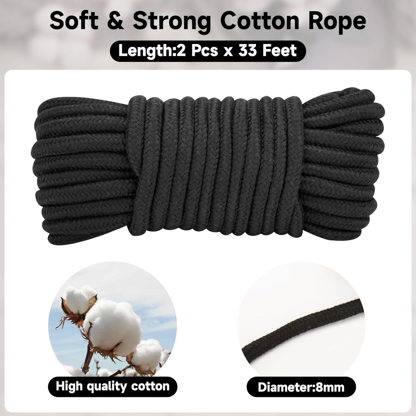 KINGLAKE Soft Cotton Rope 8MM Thick Black Cotton Rope 2 Pack 33 Ft/10M Cotton Cord for Wall Hanging, Plant Hanging, Hanging Clothes, Crafts and Home Decoration