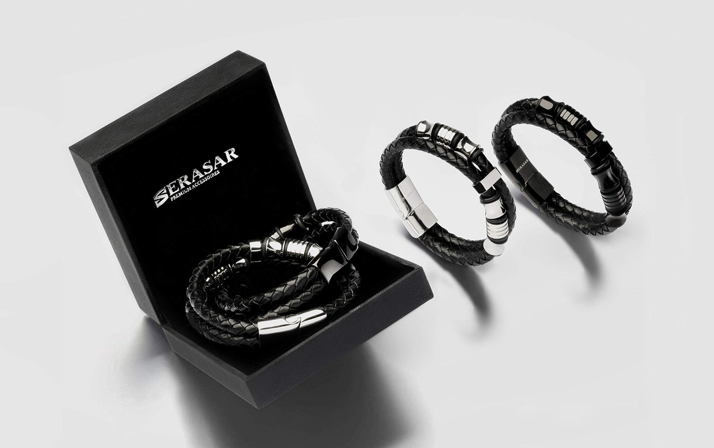 SERASAR Premium Leather Bracelet Men | Stainless Steel Magnetic Clasp | Three Colors | Jewelry Box Included