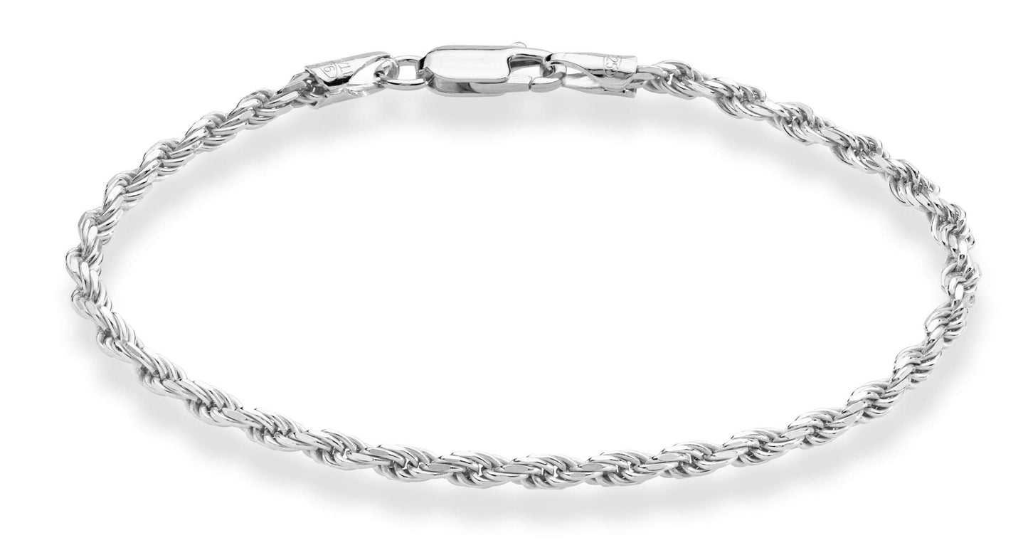 Miabella Solid 925 Sterling Silver Italian 2mm, 3mm Diamond-Cut Braided Rope Chain Bracelet for Women Men, Made in Italy