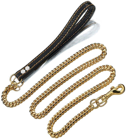 Strong Dog Chain Gold Leash Long 3FT 4FT 5FT 18K Gold Plated Stainless Steel 12mm Curb Cuban Link Dog Leash with Comfortable Genuine Leather Handle(Gold, 3FT)
