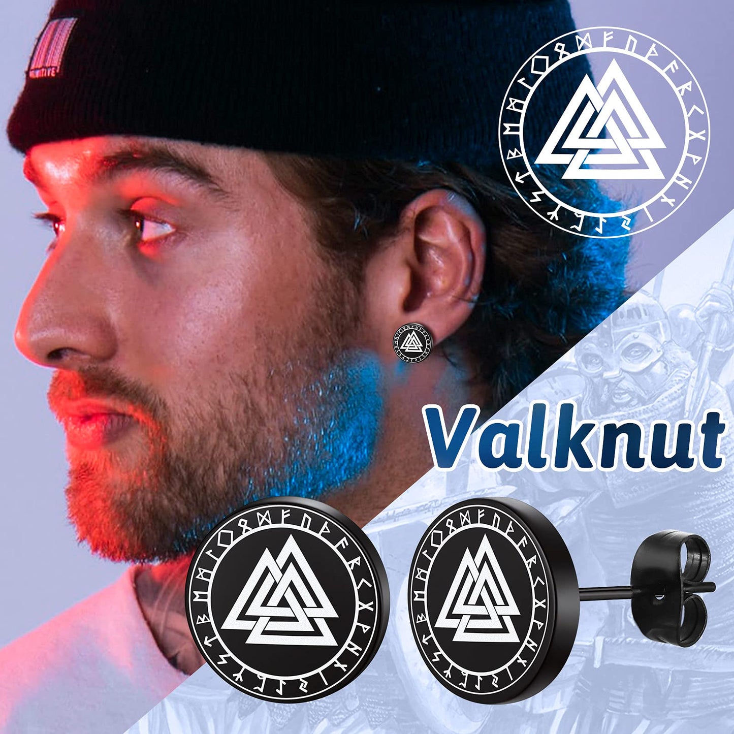 FaithHeart Cool Earrings Set Viking Runes Stuff/Eye of Horus/Cross Black Studs/Hoops Earrings for Men Women with Delicate Packaging