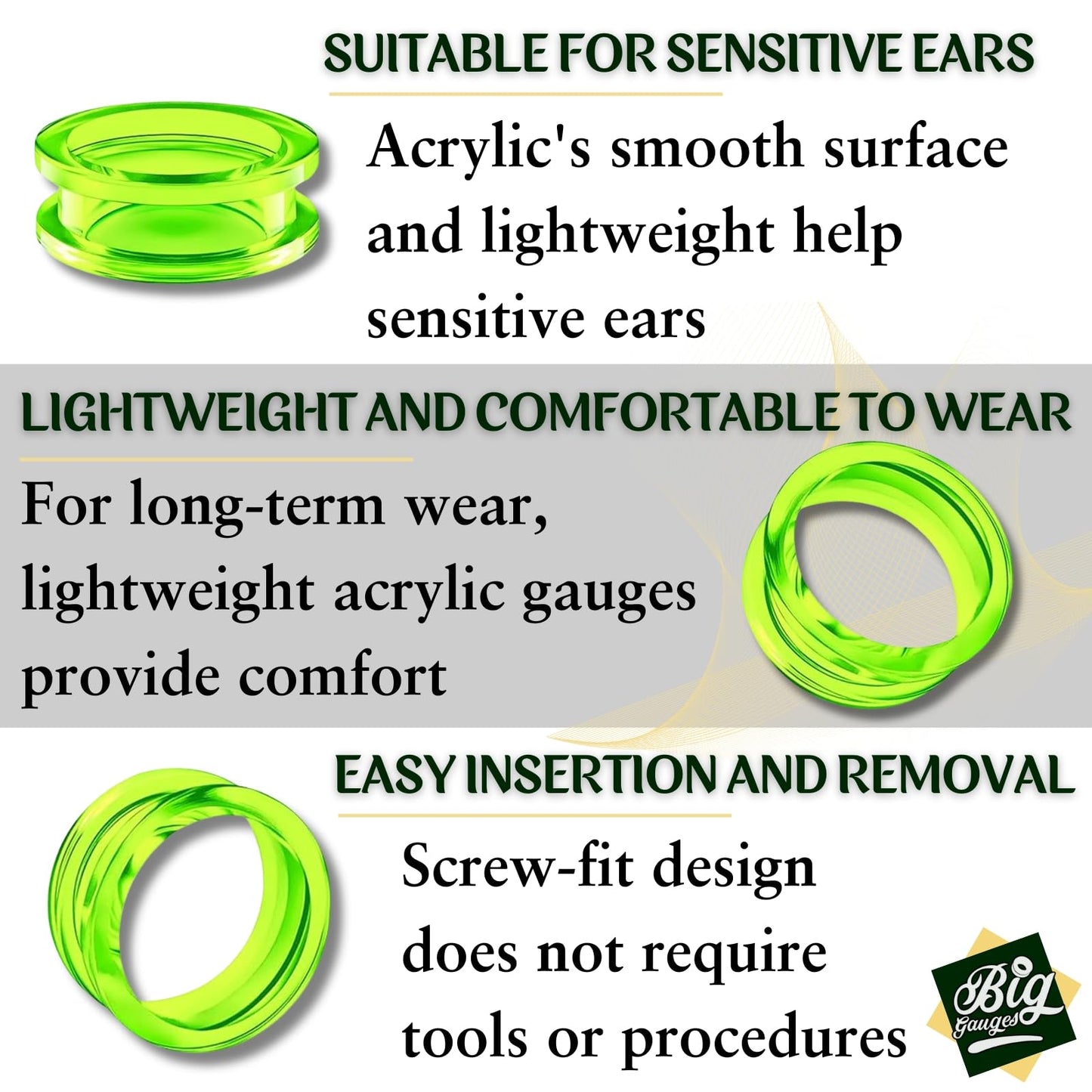 Pair of Green Acrylic flesh Tunnels External Piercing Jewelry Stretcher Screw-fit Ear Plugs Earring Lobe