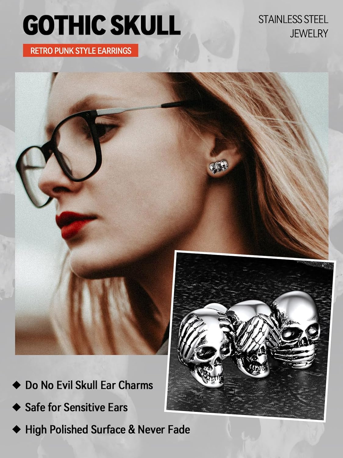 FaithHeart Punk Skull Earrings Stainless Steel/18K Gold Plated Gothic Skeleton Stud/Hoop Earrings for Women Man with Gift Packaging