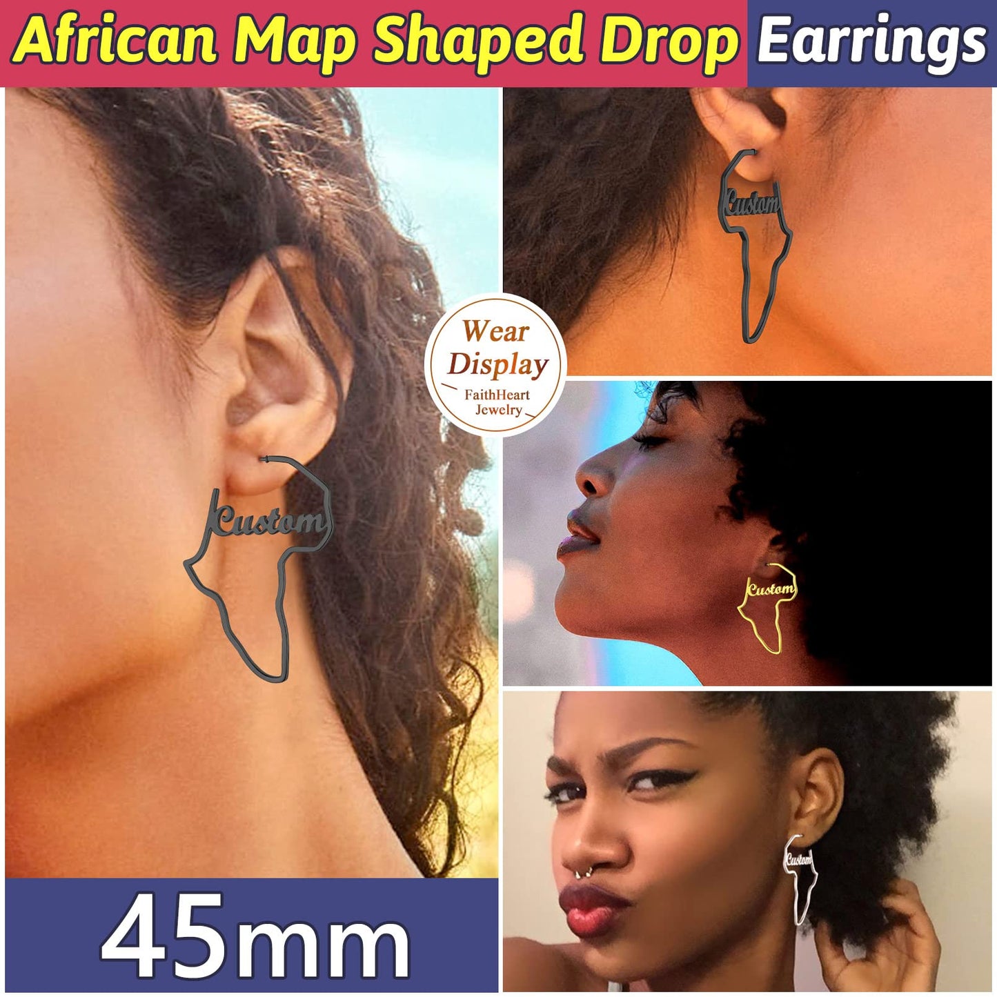 FaithHeart African Map Shaped Drop Earrings Stainless Steel/18K Gold Plated Statement Africa Jewelry Ear Charms for Women Teen Girls