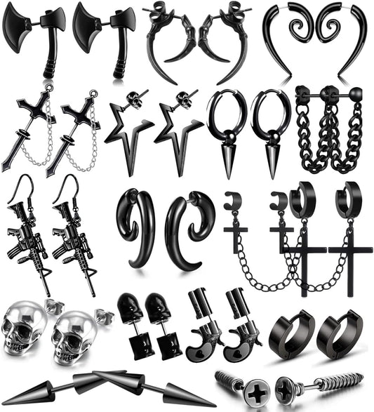 16 Pairs Stainless Steel Punk Y2K Black Dangle Earrings for Men, Axe Skull Screw Cone etc Huggie Hoop Long Chain Piercing Hoop Earrings Set for Unisex Earrings for Women