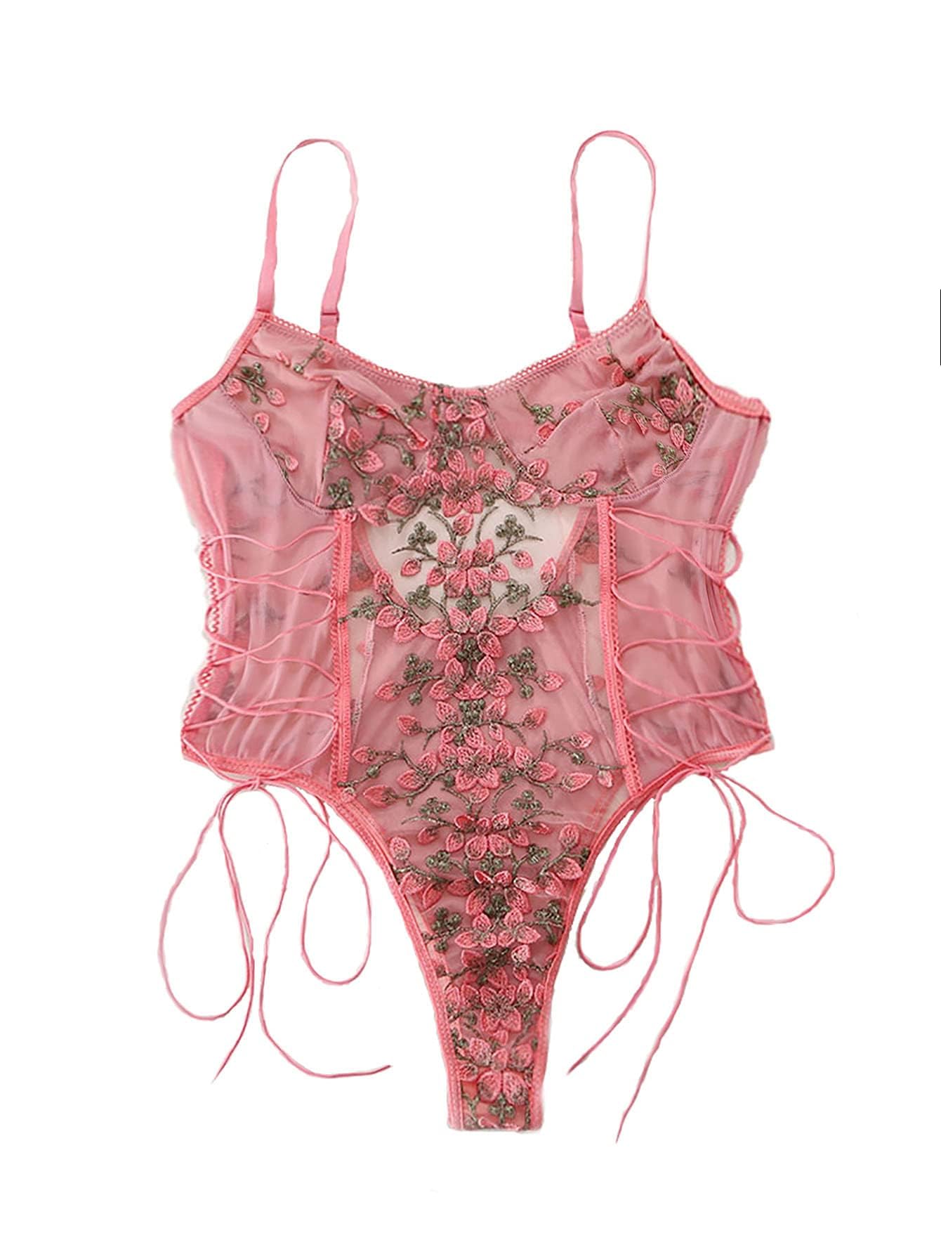 Lilosy Women Sexy Lace Up Floral Embroidered Teddy Lingerie Bodysuit Top Mesh Sheer One Piece