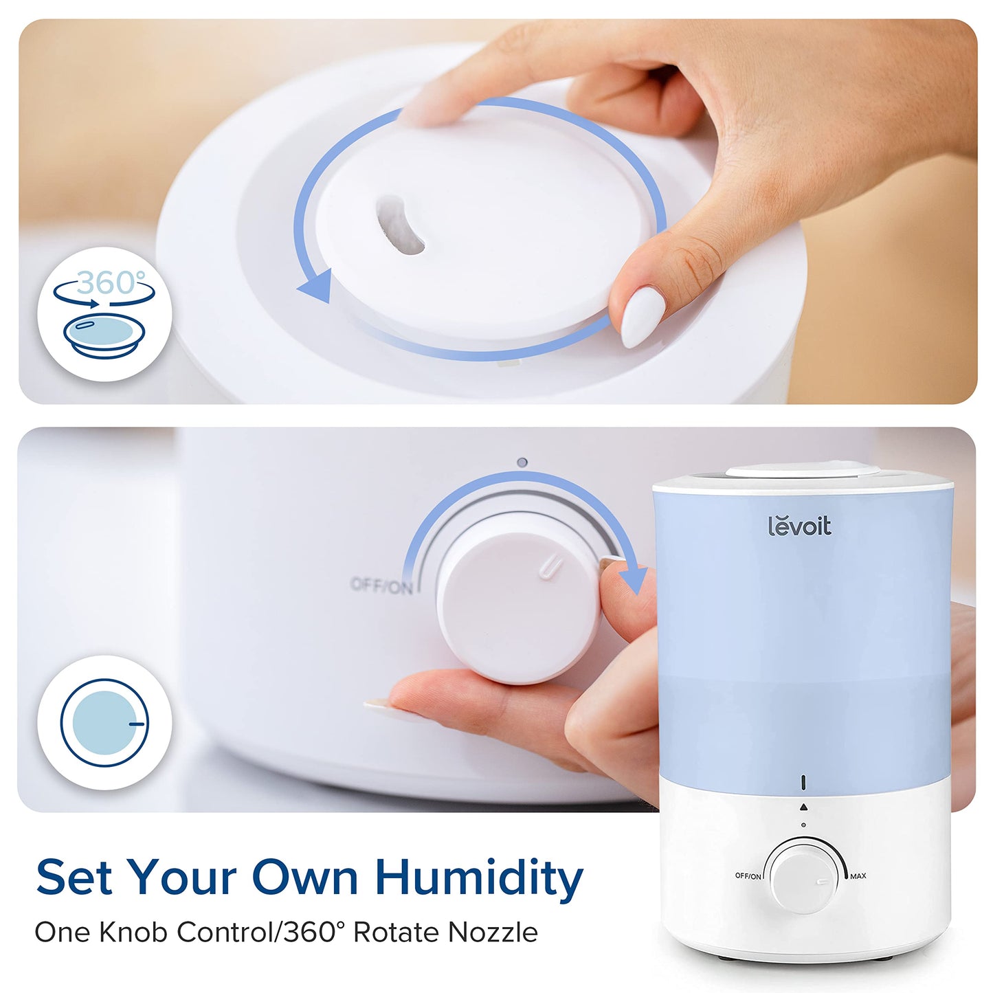 LEVOIT Humidifiers for Bedroom, Quiet (3L Water Tank) Cool Mist Top Fill Essential Oil Diffuser with 25Watt for Home Large Room, 360° Nozzle, Rapid Ultrasonic Humidification for Baby Nursery and Plant