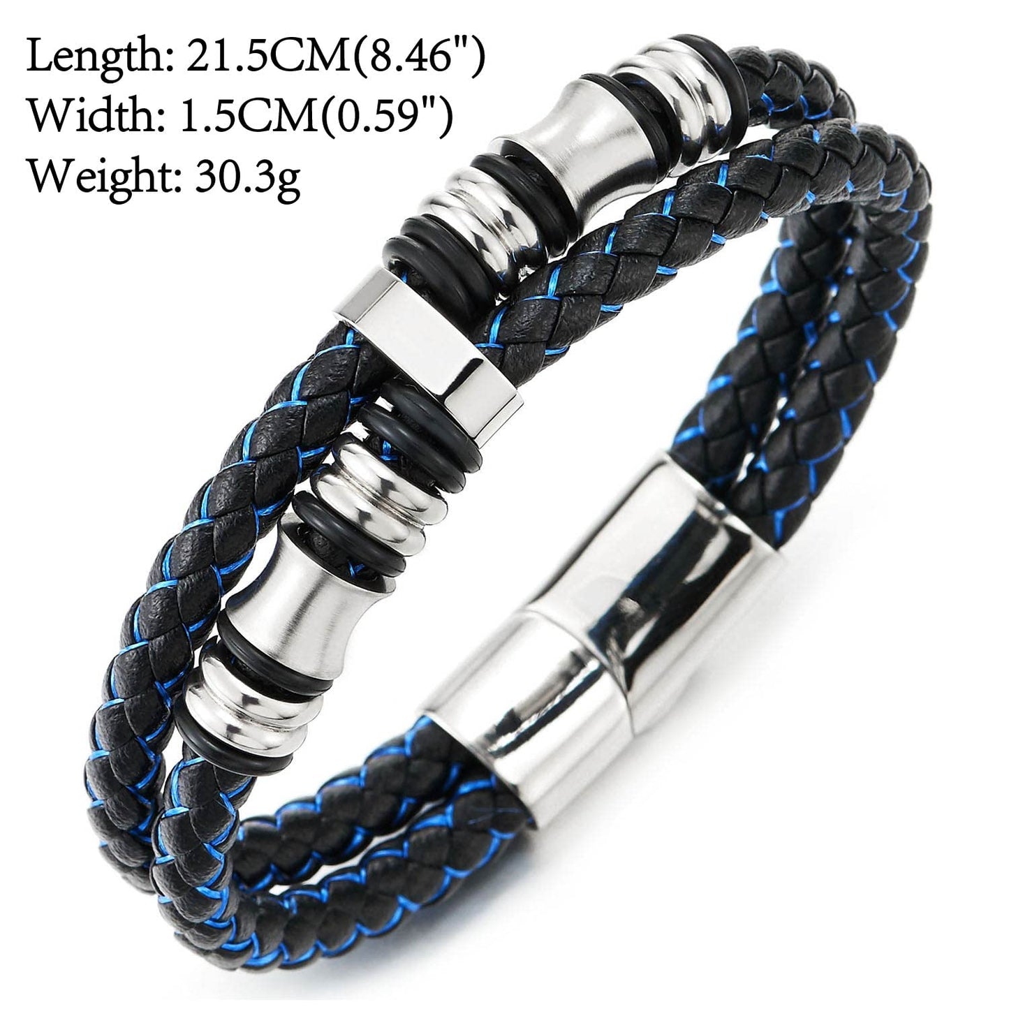 COOLSTEELANDBEYOND Mens Double-Row Braided Leather Bracelet Bangle Wristband with Stainless Steel Ornaments