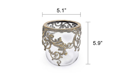 6" Tall Handmade Sturdy Glass Hurricane Candle Holder with Filigree Decoration, Dia5.1 x H5.9 in Antique Gold Ss Centerpieces for Pillar Candle, Succulent Plants and Terrarium. Farmhouse(S, Gold, 1)