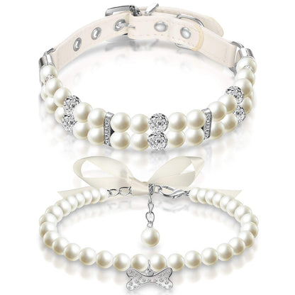 Hicarer 2 Pieces Small Dog Cat Pearl Collars and PET Pearl Necklace Set Cute Fashion PET Pu Leather Collars Necklace with Crystal Rhinestone for Dogs Cats Puppy Kitten Wedding Birthday Party (S)