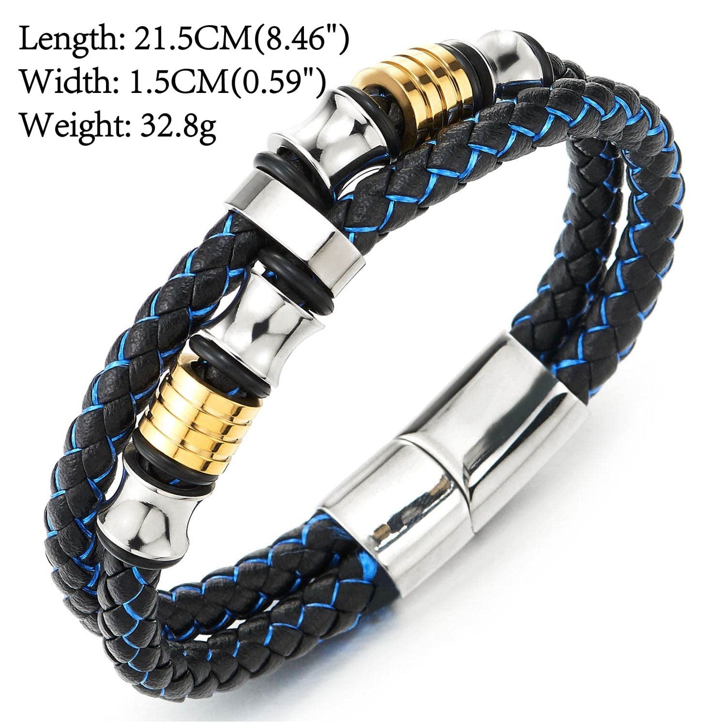 COOLSTEELANDBEYOND Mens Double-Row Braided Leather Bracelet Bangle Wristband with Stainless Steel Ornaments