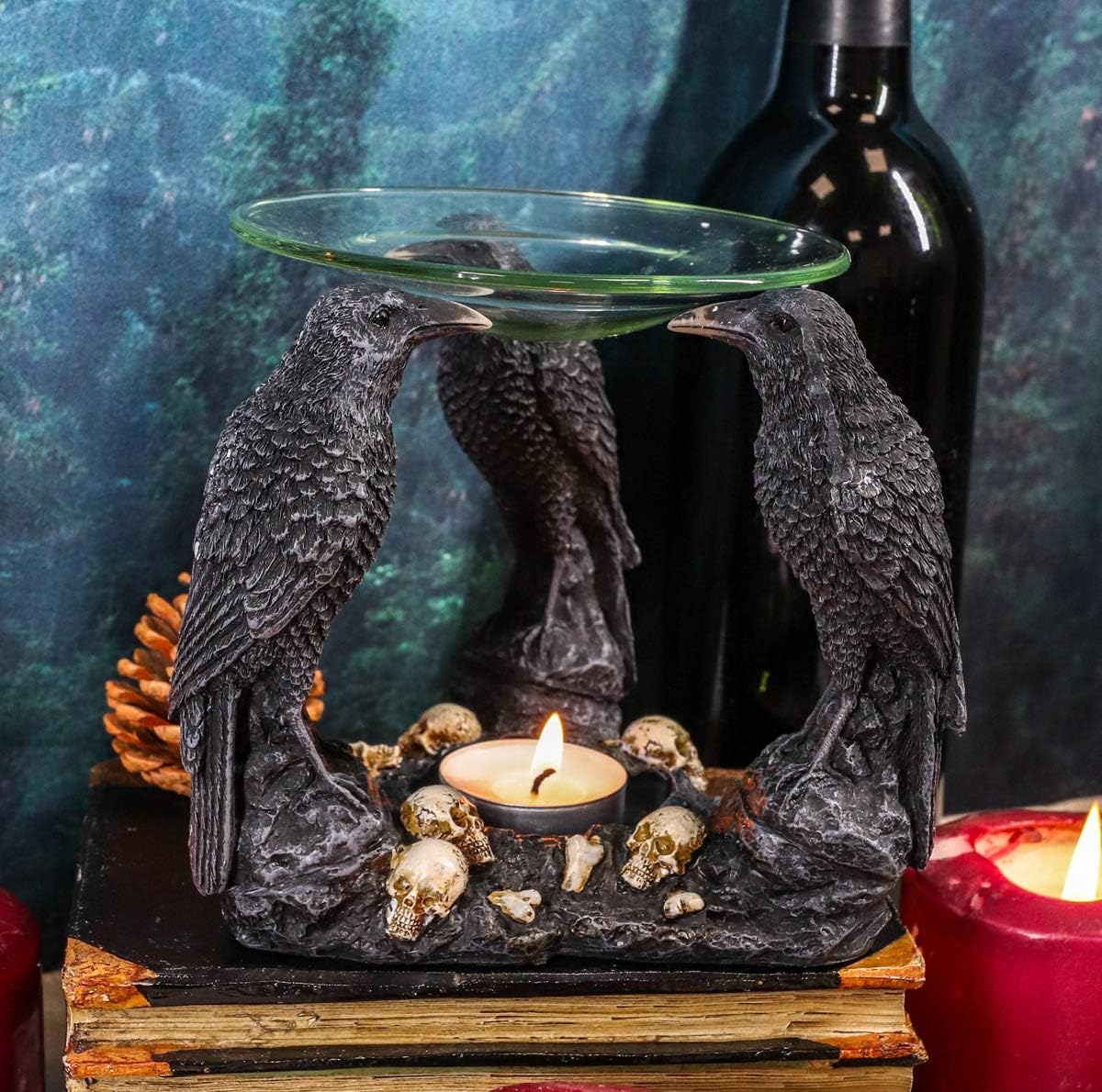 Ebros Macabre Nevermore Skull Graveyard with Three Ravens Oil Warmer Statue Wax Tart Burner Aroma Scent Diffuser Resin Three Eyed Raven Gothic Themed Tea Light Candle Holder Decorative Figurine