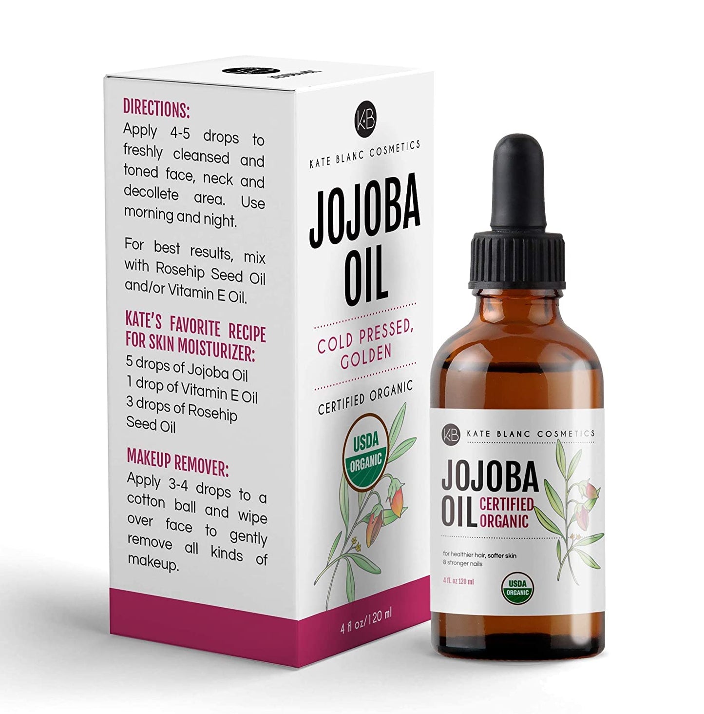 Kate Blanc Cosmetics Jojoba Oil for Hair Growth, Face, Skin (2oz, Organic, Pure) Stocking Stuffers Christmas Gifts for Women, Men, Mom, Dad, Teen. Gua Sha Oil for Facial Massage and Dermaplaning