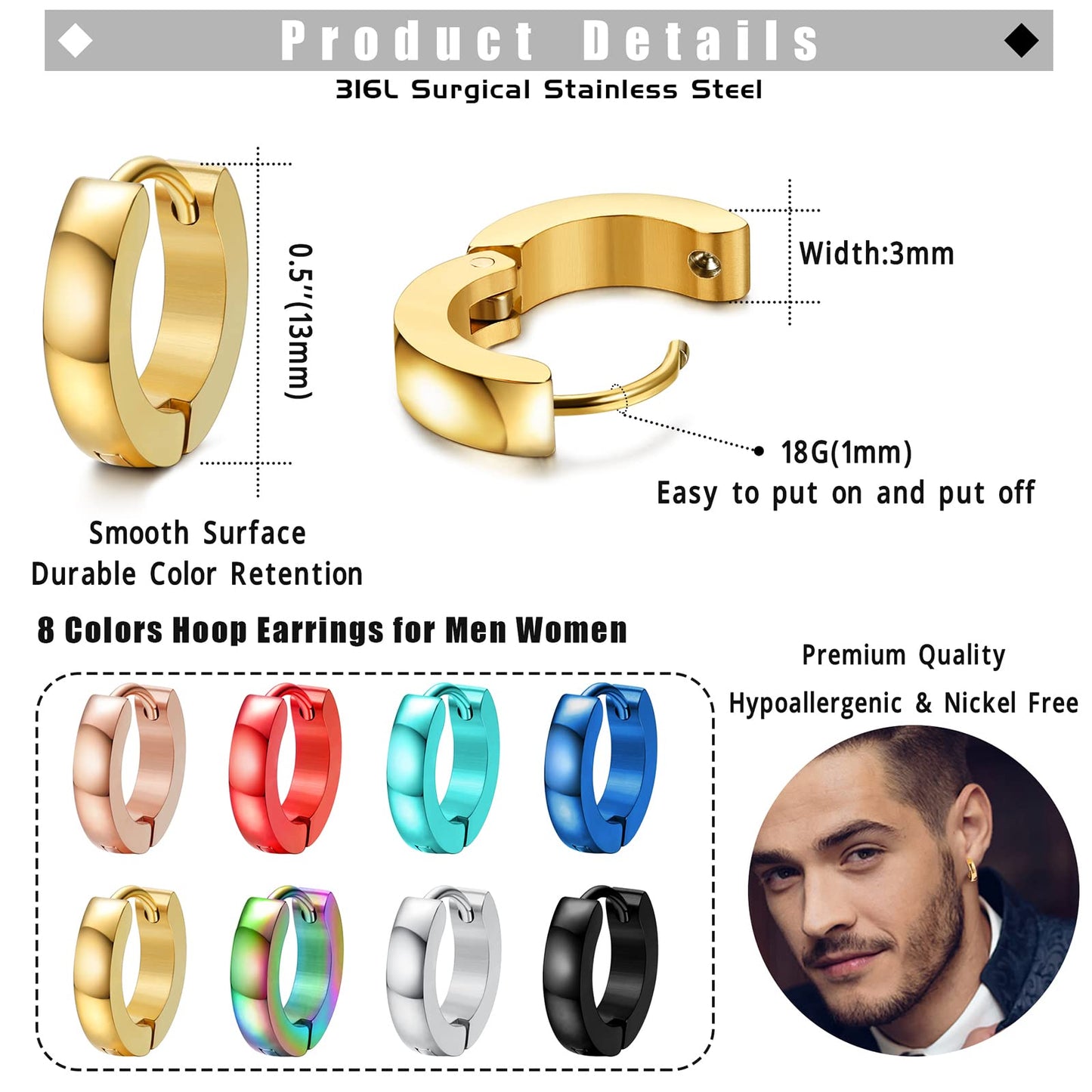 Jstyle 8 Pairs Stainless Steel Small Hoop Earrings for Men Women Huggie Earrings Cool Mens Earrings Set Multicolor Huggie Hoop Earrings Piercing for Men 13MM