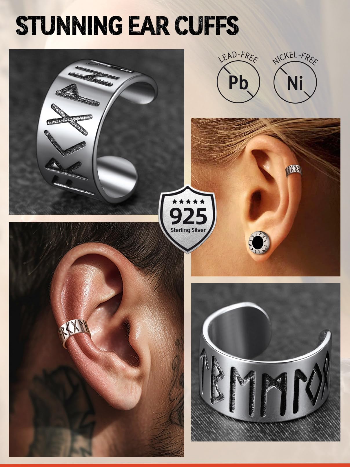 FaithHeart Sterling Silver Viking Runes Earrings for Men Women Black Onyx Stud Earrings Norse Mythology Amulet Jewelry with Gift Box