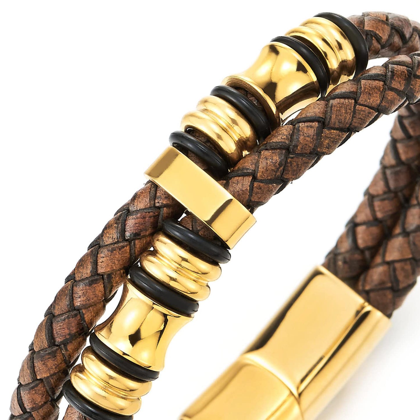 COOLSTEELANDBEYOND Mens Double-Row Braided Leather Bracelet Bangle Wristband with Stainless Steel Ornaments