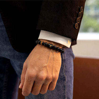 Initials Bracelets for Men Letter Link Handmade Natural Black Onyx Tiger Eye Stone Beads Braided Rope Meaningful Bracelet