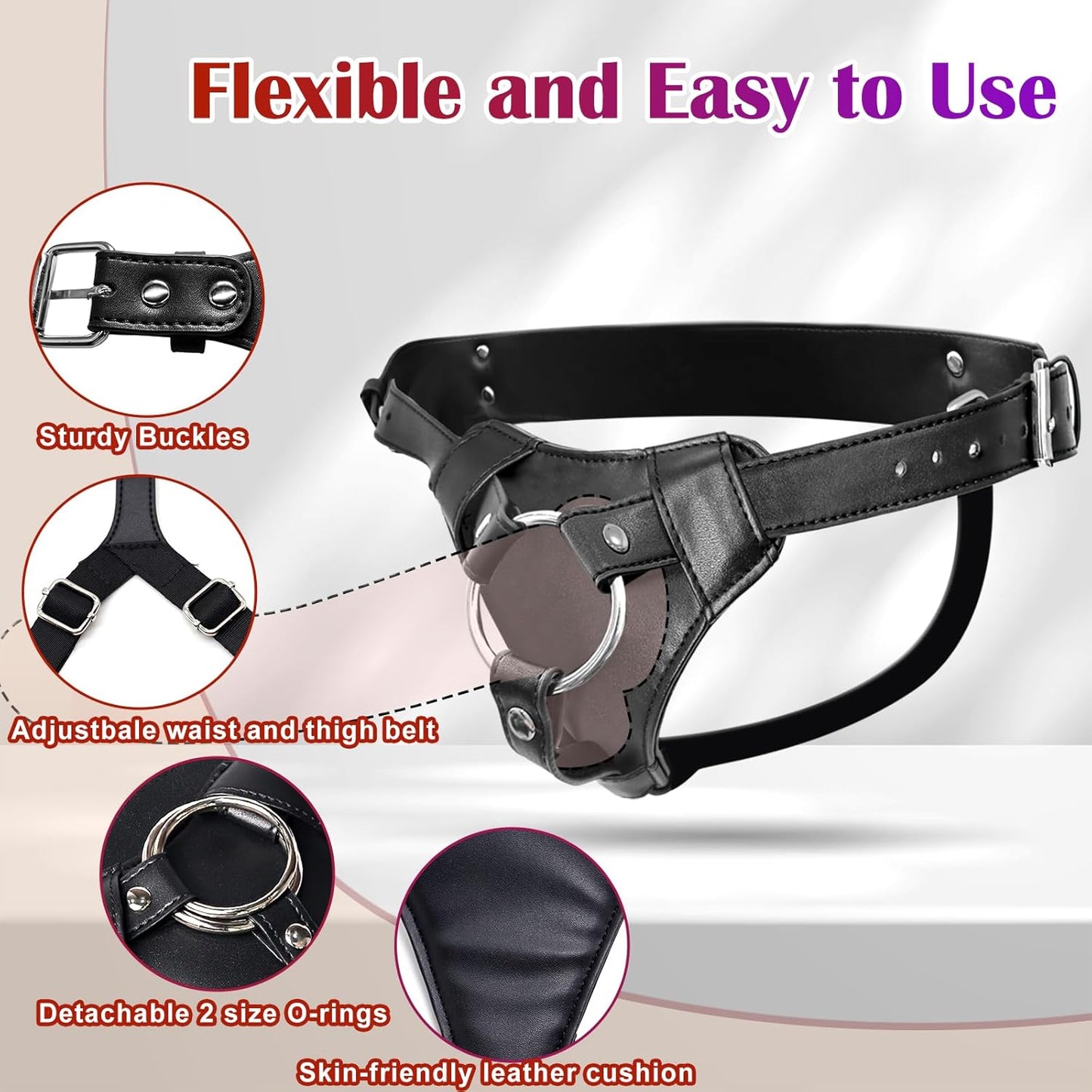 Strap On Dildo Harness Adult Sex Toys for Women Men Pegging Dildo, Adjustable Waist and Thigh Soft Nylon Vegan Leather Belt with 2 Size Metal O-Rings for Lesbian Gay Couple Vaginal Anal Play, Black