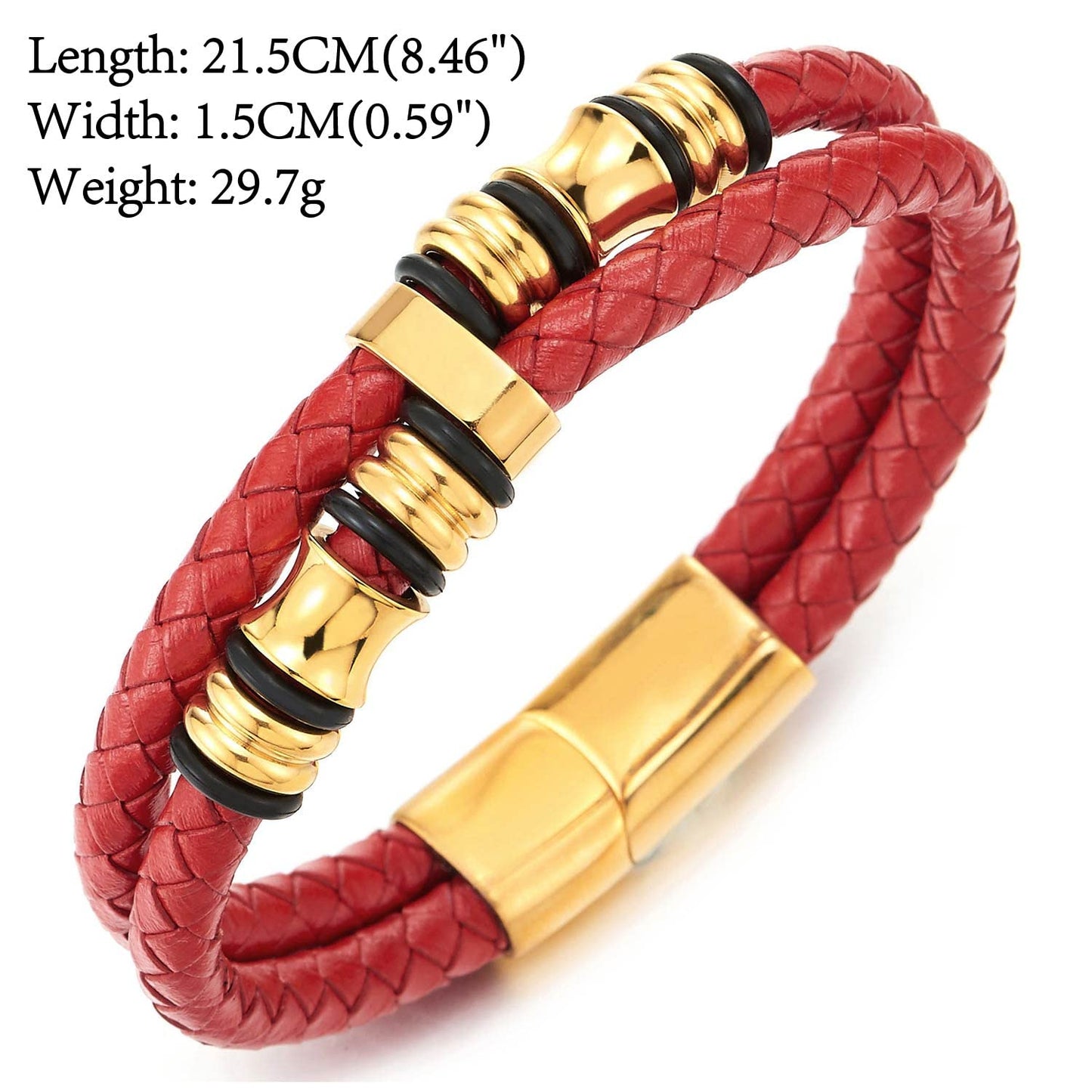 COOLSTEELANDBEYOND Mens Double-Row Braided Leather Bracelet Bangle Wristband with Stainless Steel Ornaments