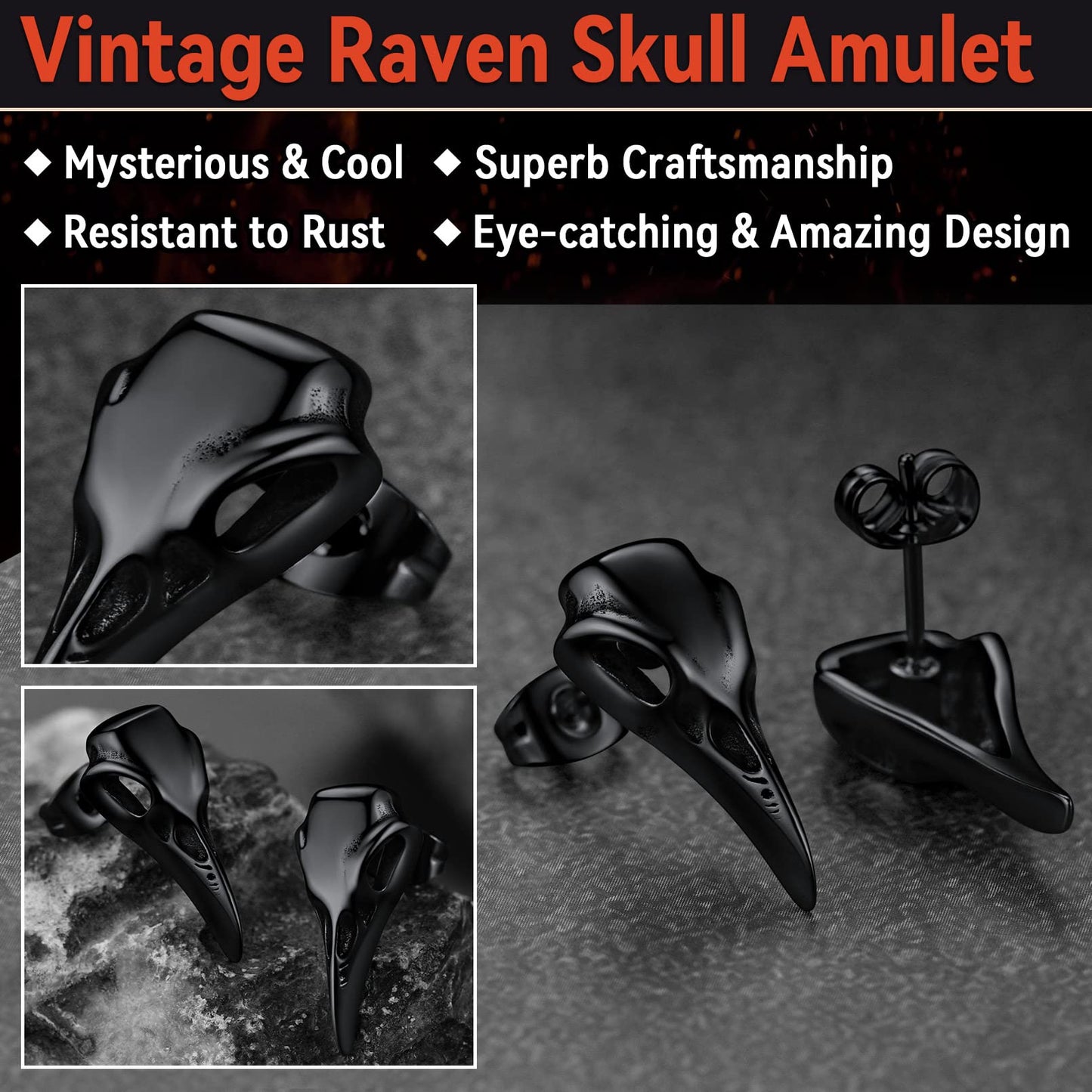 FaithHeart Raven Stud Earrings for Women Men, Stainless Steel Punk Gothic Norse Viking Crow Ear Studs with Delicate Gift Packaging