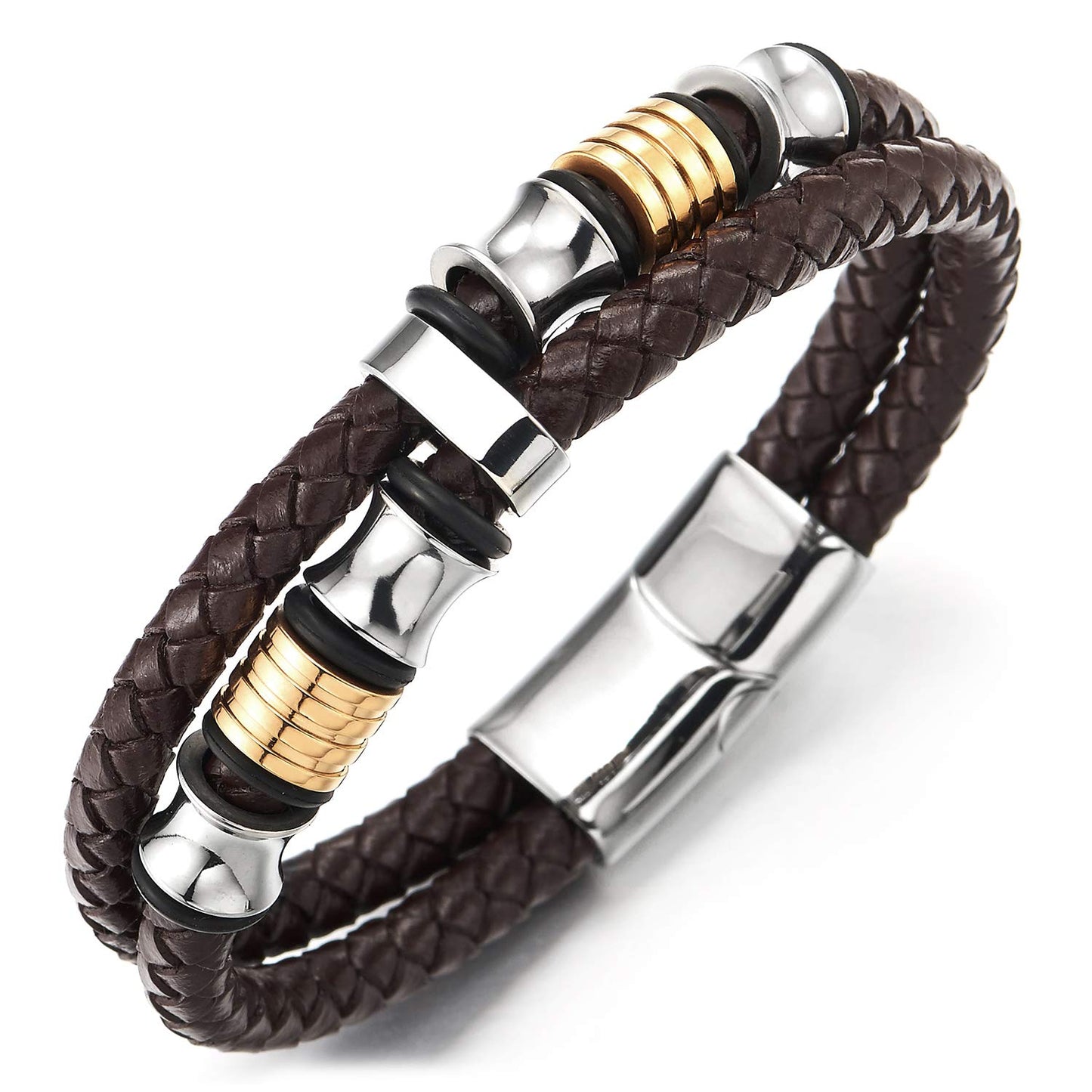 COOLSTEELANDBEYOND Mens Double-Row Braided Leather Bracelet Bangle Wristband with Stainless Steel Ornaments