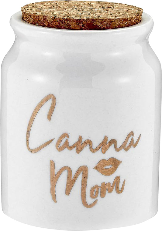 FashionCraft - Canna Mom Half Ounce (300ml) Ceramic Stash Jar, Small Airtight Containers for Herbs & Spices, Cute Almost Smell Proof Container Jar