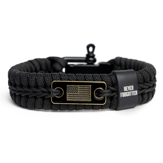 iHeartDogs Hero Company Never Forgotten Paracord Bracelet - Tactical Survival Bracelet for Men with Bronze USA Flag - Helps Pair Military Veterans with a Companion Dog