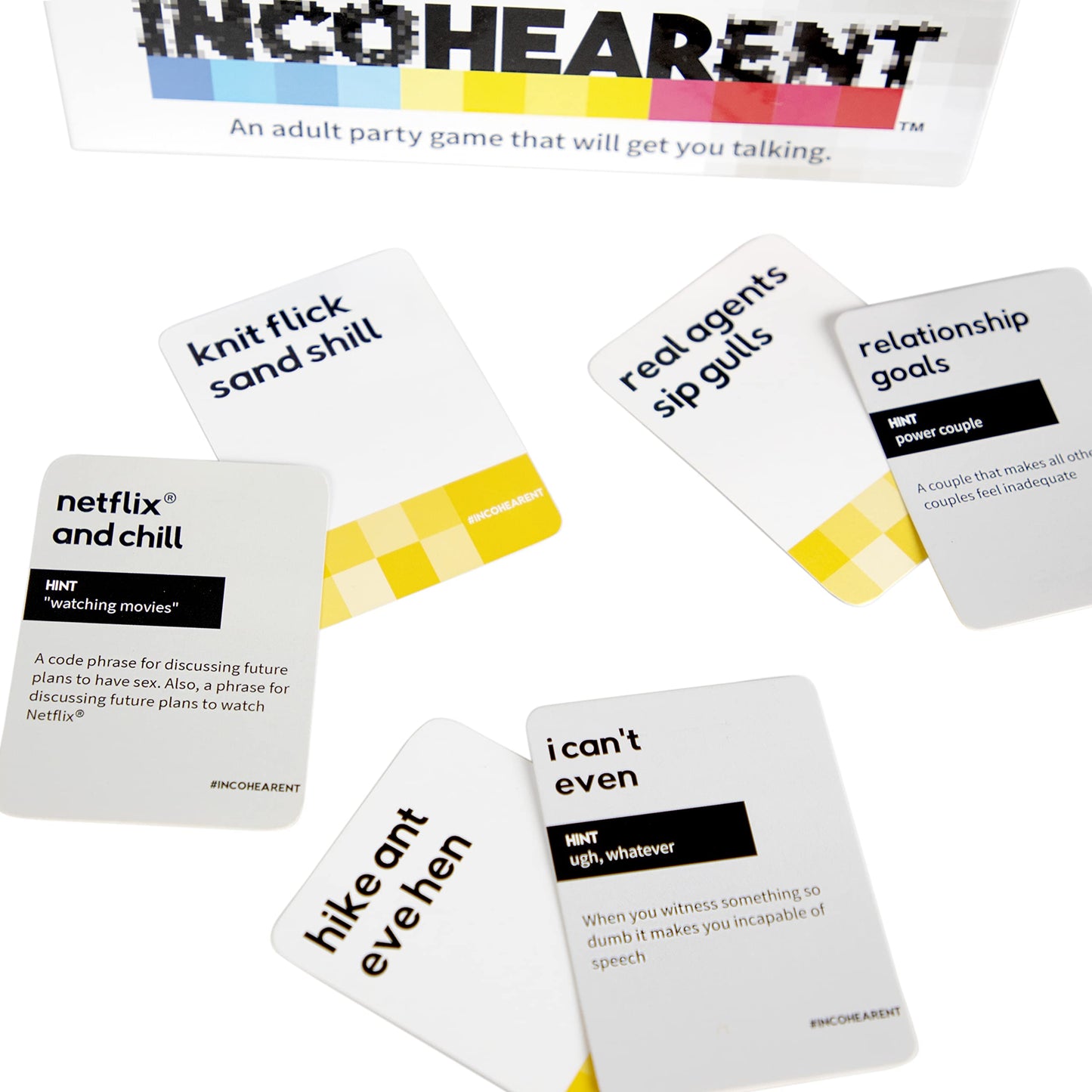 Incohearent, The Guess the Gibberish Party Game by Relatable, A Funny Card Game for Adults, Great for Bachelorette Party Games or Game Night Games, Includes 400 Cards, Instructions, and 1 Sand Timer