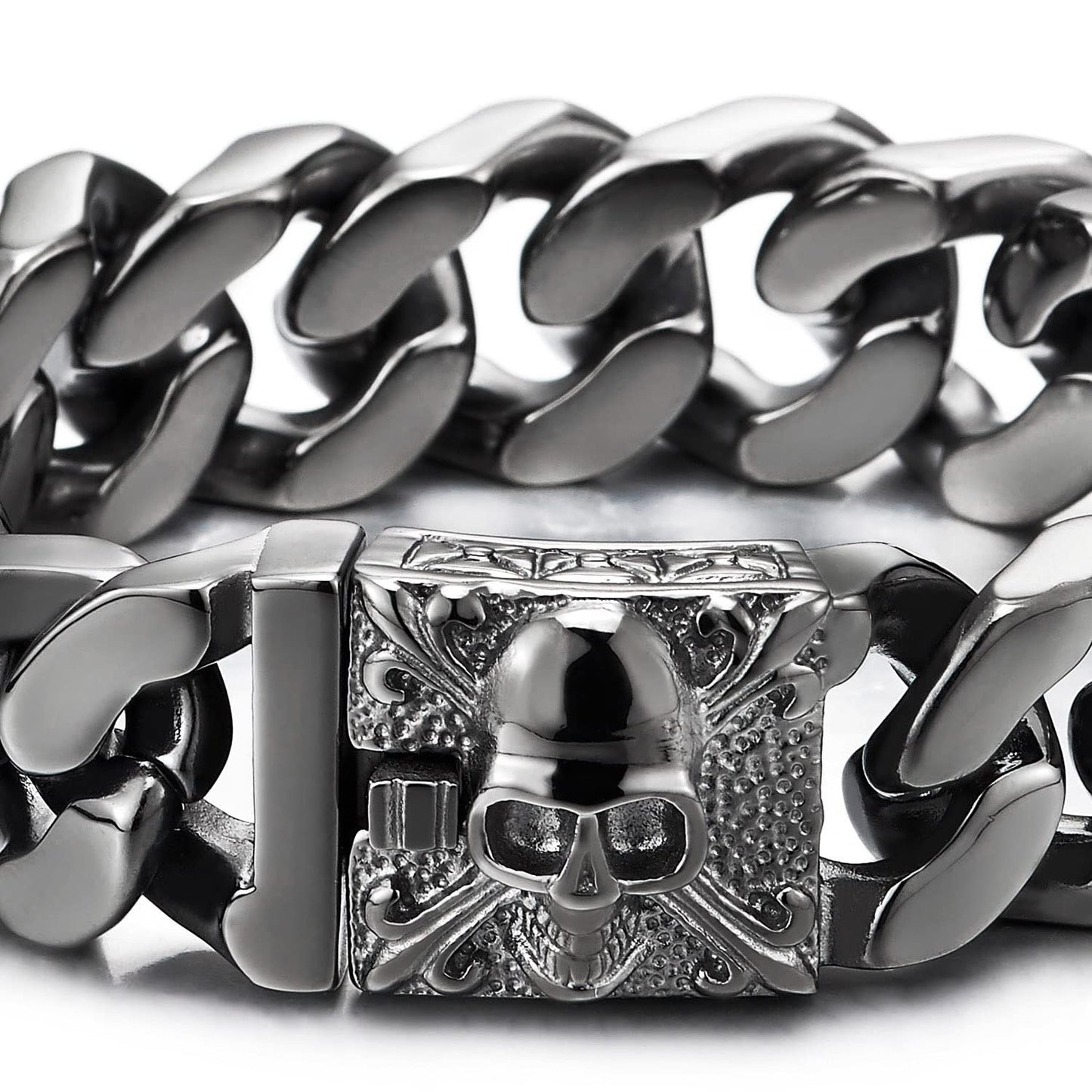 COOLSTEELANDBEYOND Mens Large Vintage Brushed Finishing Steel Curb Chain Bracelet with Fleur De Lis and Skull